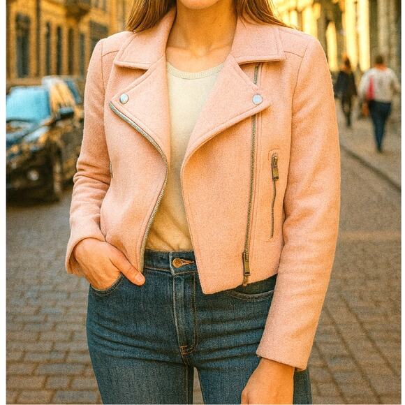 Tommy Hilfiger Pink Tweed Asymmetrical Zip Moto Jacket Size M Retro Y2K Style - Picture 1 of 10